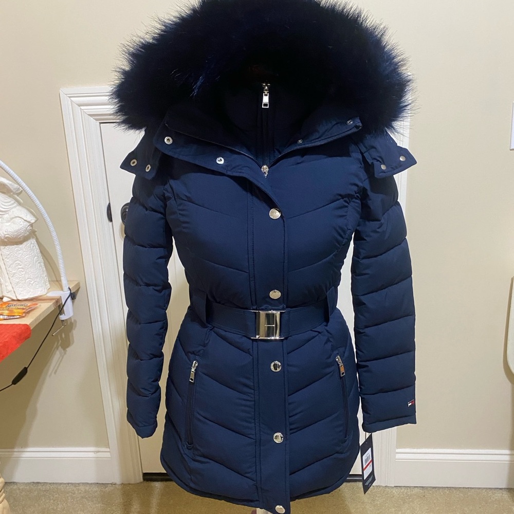 Tommy Hilfiger Navy Blue Puffer Jacket with Fur Trim